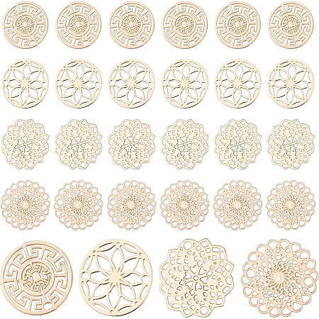 CHGCRAFT 96Pcs 4 Style Brass Filigree Flat Round Charms Connectors Links Golded Hollow Flower Charms Filigree Pendant for DIY Bracelet Earring Necklace Jewelry Making