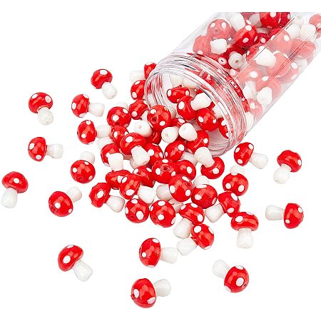 Arricraft 100 Pcs 19×14.5mm Mushroom Bead Strands, Handmade Lampwork Beads Spacer, Mushroom Loose Beads for Bracelets Necklace Jewelry Making-Red