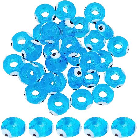 SUPERFINDINGS 1 Strand About 30Pcs Evil Eye Lampwork Glass Beads Flat Round Spacer Loose Beads Dodger Blue Handmade Evil Eye Beads for DIY Jewelry Bracelet Making, Hole: 3.5~4mm