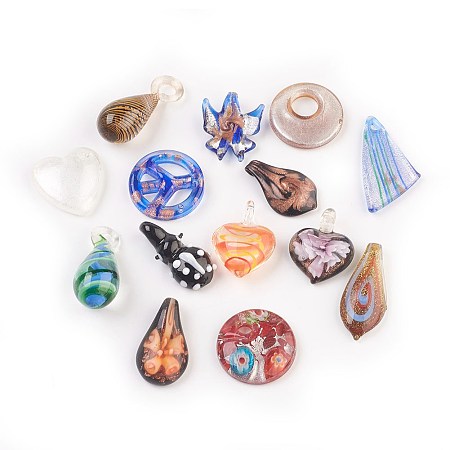 Handmade Lampwork Glass Pendants, Mixed Shapes, Mixed Color, 20~38x12~25x3~16mm, Hole: 1~5mm