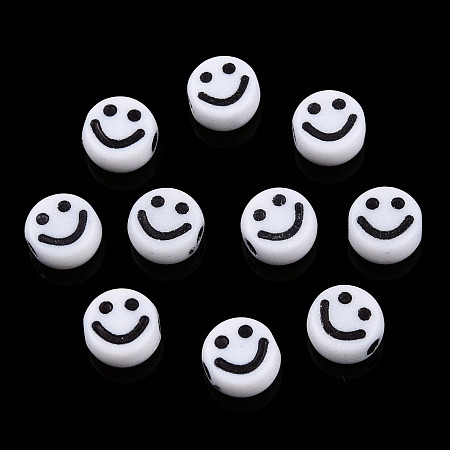Honeyhandy Opaque Craft Acrylic Beads, Flat Round with Smiling Face, White, 7x4mm, Hole: 2mm, about 3600pcs/500g
