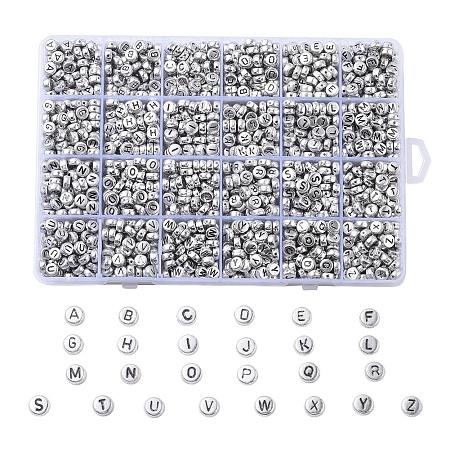 Silver Color Plated Acrylic Beads, Flat Round, Letter A~Z, 7x3.5mm, Hole: 1mm; about 1728pcs/box