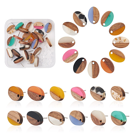 Craftdady 12Pairs 12 Colors Opaque Resin & Walnut Wood Stud Earring Findings, with 304 Stainless Steel Pin and 30Pcs Plastic Ear Nuts, Oval, Mixed Color, 15x10mm, Hole: 1.8mm, Pin: 0.7mm, 1pair/color,