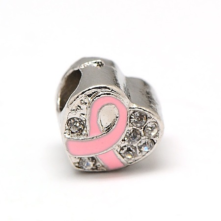 Honeyhandy Platinum Plated Alloy Rhinestone European Beads, Large Hole Heart Beads with Enamel Breast Cancer Awareness Ribbon, Pink, 9.5x9.5x8.5mm, Hole: 4mm