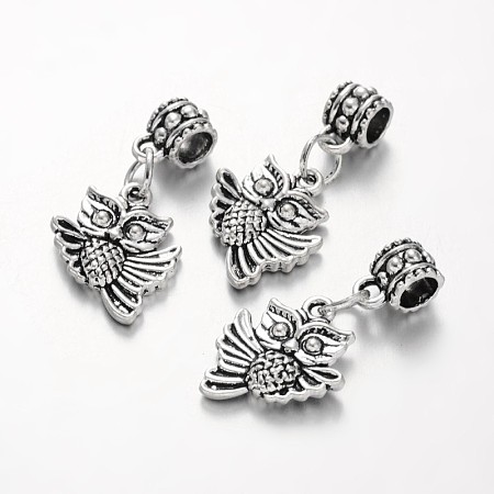 Owl Tibetan Style Alloy European Dangle Beads, Antique Silver, 31mm, Hole: 4.5mm