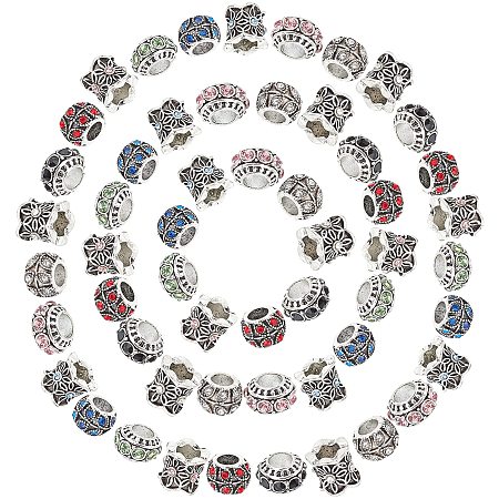 SUNNYCLUE 1 Box 3 Styles 9 Colors Alloy Rhinestone European Beads Vintage Large Hole Loose Bead Crystal Flower Spacer Beaded Charm for Women Adults DIY Bracelet Necklace Making Supplies