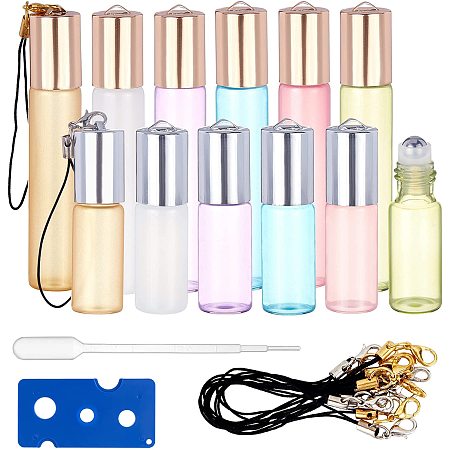BENECREAT 6 Colors 5ml/10ml Essential Oil Roller Bottles 12 Packs Glass Roller Bottles with Aluminum Cap, 1 Essential Oil Opener and 1 Transfer Pipettes for Essential Oil