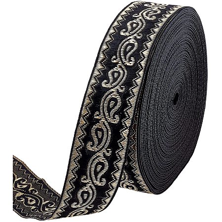 FINGERINSPIRE 11 Yard Black Vintage Jacquard Ribbon Ethnic Style Floral Woven Trim 1 inch Jacquard Gold Vine on Ribbon Trim for DIY Sewing Crafting Home Decor, Gift Wrapping hat Bands