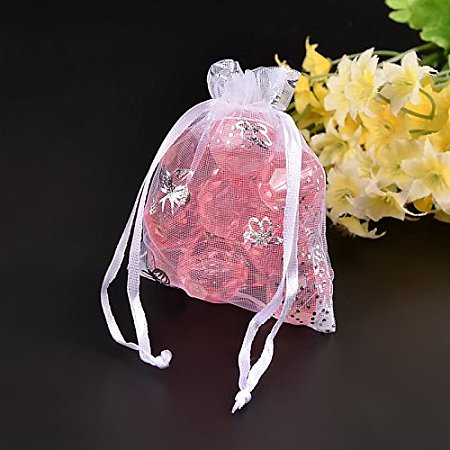 NBEADS 100pcs 9x7cm White Satin Drawstring Organza Pouches Wedding Party Favor Gift Jewelry Watch Bags with Butterfly Pattern