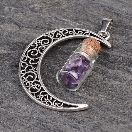 Honeyhandy Column Glass Bottle with Amethyst inside Pendants, with Moon Alloy Finding and 304 Stainless Steel Findings, 41x29x10mm, Hole: 7x4mm