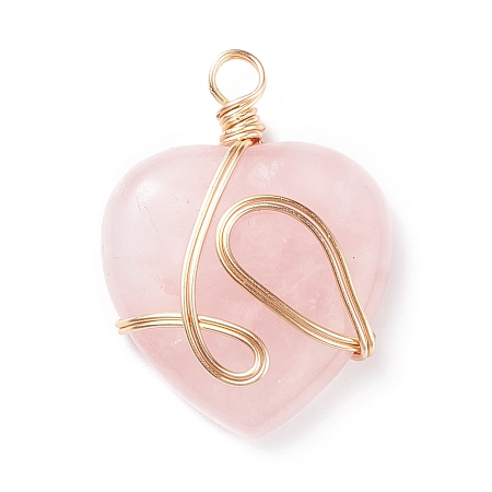 Honeyhandy Natural Rose Quartz Pendants, with Golden Tone Copper Wire Wrapped, Heart, 40.5x30x8.5mm, Hole: 4.2mm