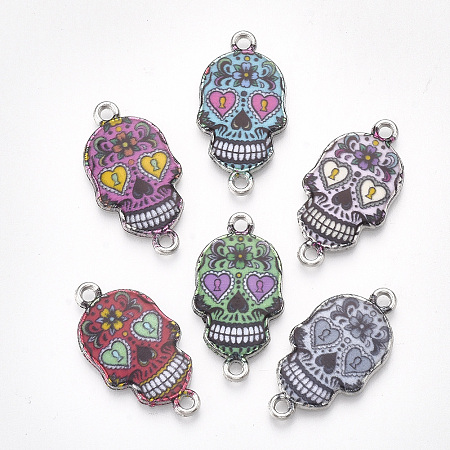 Honeyhandy Printed Alloy Links connectors, with Enamel, Skull, Platinum, Mixed Color, 25.5x13.5x2mm, Hole: 1.6mm