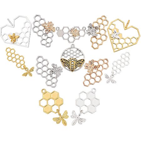 SUNNYCLUE 1 Box 12 Styles Honeycomb Charms Bulk Honey Bee Pendants Flat Round Heart Shape Hollow Alloy Flying Animal Insect Dangle Charms for DIY Bracelets Necklaces Making Crafts Supplies