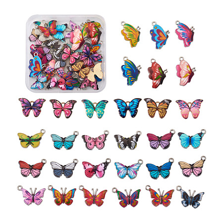 Printed Alloy Pendants, with Enamel, Butterfly, Platinum, Mixed Color, 60pcs/box
