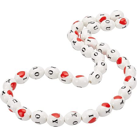BENECREAT 2 Strands 36Pcs Oval with Heart and Word Porcelain Ceramic Beads Strands, White Glazed Ceramics Beads Strands for Bracelets Necklace Making, 13x17mm