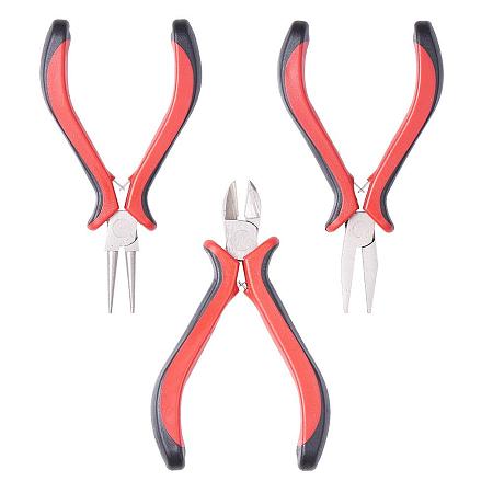 ARRICRAFT 1 Set DIY Jewelry Tool Sets, Ferronickel Round Nose Pliers, Flat Nose Pliers and Side-Cutting Pliers, Platinum, Red & Black, 115~120x65~70mm; 3pcs/set