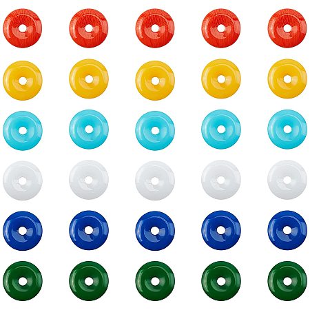 SUPERFINDINGS About 60pcs 6 Colors 10mm Donut Shape Resin Pendants Wide 5mm Large Hole Healing Chakra Polished Stone Flat Round Bead Charms for Jewelry Making