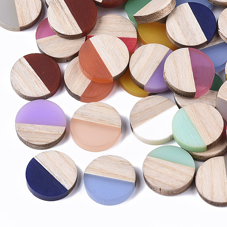 ARRICRAFT Resin & Wood Cabochons, Flat Round, Two Tone, Mixed Color, 15x3.5mm