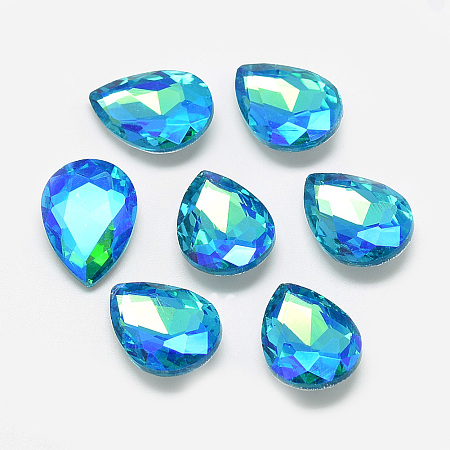 Pointed Back Glass Rhinestone Cabochons, Back Plated, Faceted, AB Color Plated, teardrop, Deep Sky Blue, 18x13x5.5mm