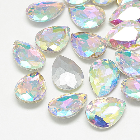 Honeyhandy Pointed Back Glass Rhinestone Cabochons, Back Plated, Faceted, teardrop, Crystal AB, 10x7x4mm