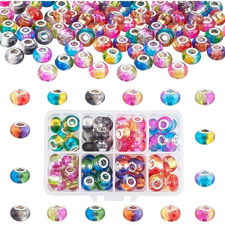 PandaHall Elite 8 Colors Two Tone European Beads, 72pcs Large Hole Resin Spacer Beads Colorful Craft Beads with Brass Double Cores for DIY Necklace Bracelet Jewelry Making; Hole: 5mm