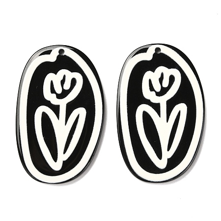 Honeyhandy Opaque Acrylic Pendants, Black & White, Oval with Flower, Black, 40.5x26x3mm, Hole: 1.5mm