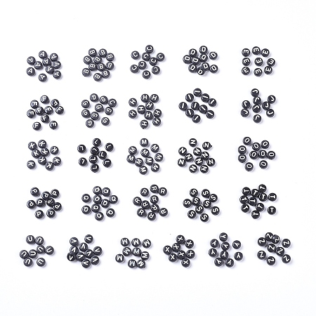 Alphabet Opaque Acrylic Beads Sets, Flat Round, Including Letter A~Z, Mixed, 7x4mm, Hole: 1.5mm; 20pcs/letter, 520pcs/set