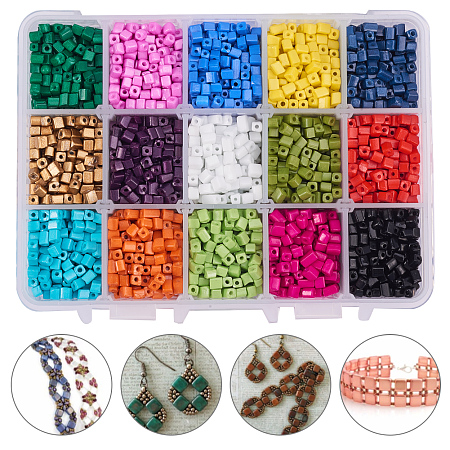 PandaHall Elite 1 Box 15 Colors 6/0 Cube Glass Seed Beads Loose Spacer Beads Jewelry Making 3~7x3x3mm