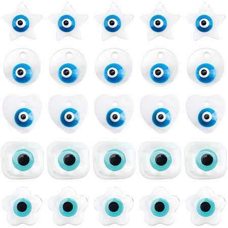 NBEADS 50 Pcs Natural Freshwater Shell Evil Eye Beads, 5 Different Shapes Flat Round Evil Eye Beads with Enamel for Bracelet Necklace Jewelry Making