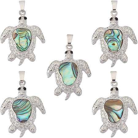 BENECREAT 5 Packs Natural Abalone Shell Pendants Overlay Abalone Shell Charms with Rhinestone Findings for Jewelry Making, Tortoise Pattern