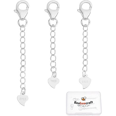 Beebeecraft 3Pcs 3 Style 925 Sterling Silver Necklace Extenders Bracelet Anklets Extender Chain with Lobster Clasps and Heart Charms for Jewelry Making