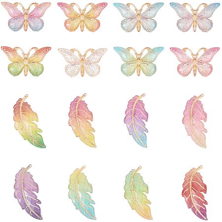 NBEADS 64 Pcs Leaf Butterfly Charms, Colorful Acrylic Butterfly Pendant DIY Bracelet Necklace for Jewelry Making Crafting