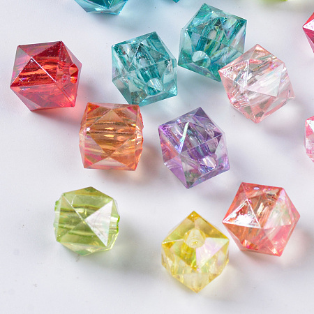 Transparent Acrylic Beads, AB Color Plated, Faceted, Cube, Mixed Color, 9.5x9.5x9mm, Hole: 2.5mm; about 1160pcs/500g
