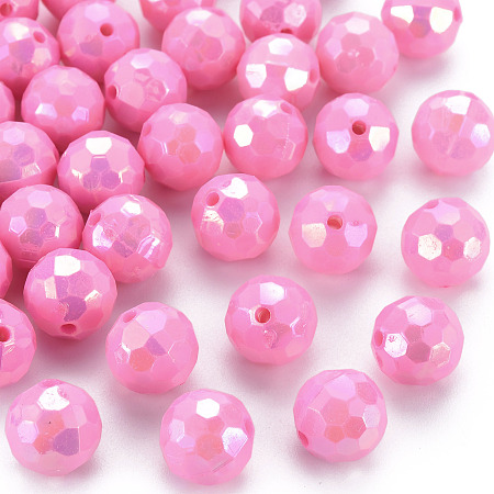 Honeyhandy Opaque Acrylic Beads, Faceted, Dyed, AB Color, Round, Hot Pink, 12x11.5mm, Hole: 1.8mm, about 560pcs/500g