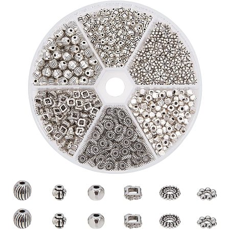 Arricraft About 600 Pcs Antique Silver Beads, Tibetan Alloy Spacer Beads, Square Spacer Beads for Bracelet Necklace Jewelry Making Supplies, 6 Styles