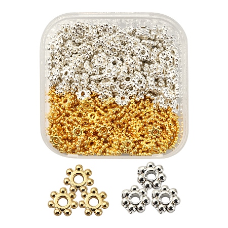 400Pcs 2 Colors Tibetan Style Alloy Spacer Beads, Lead Free & Cadmium Free, Daisy Flower, Golden & Silver, 4x1.5mm, hole: 1mm, 200pc/colors