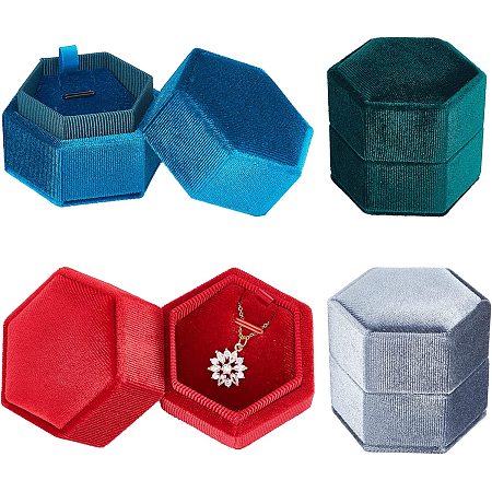 NBEADS 4 Pcs 4 Colors Velvet Ring Box, Hexagon Ring Gift Box Necklace Earring Jewelry Case with Single Slot and Detachable Lid for Wedding Engagement Birthday and Anniversary