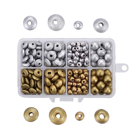 Spray Painted Natural Wood Beads, Rondelle & Ronund, Golden & Silver Plated, Mixed Color, 310pcs/box; Plastic Boxes: 11x7x3cm; Beads: 6~12x4~9mm, Hole: 2~3mm, 2 colors