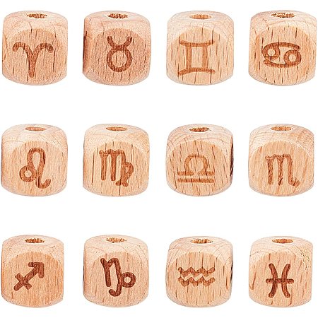 OLYCRAFT 48Pcs Cube Constellation Wooden Beads 12mm Natural Wood Beads BurlyWood Zodiac Signs Wood Beads for Jewelry Making and DIY Projects