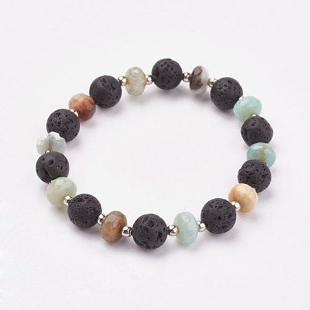 Honeyhandy Natural Flower Amazonite & Lava Rock Stretch Bracelets, with Iron Beads, 2 inch(4.9cm)