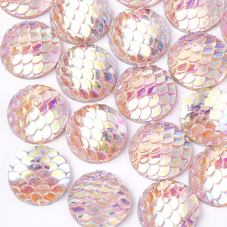 Honeyhandy Resin Cabochons, AB-Color, Flat Round with Mermaid Fish Scale, Pink, 12x3mm