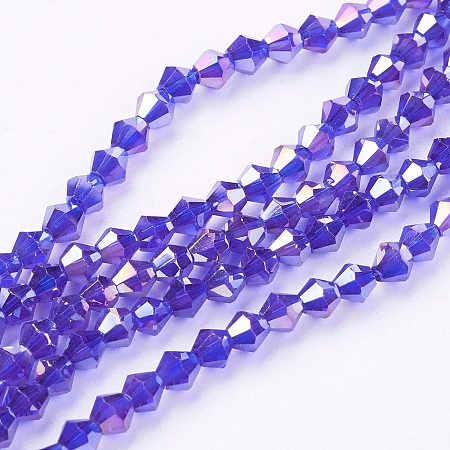 Honeyhandy Faceted Bicone Glass Bead Strands, AB Color Plated, Blue, 4x4mm, Hole: 1mm, about 92~96pcs/strand, 13.78~14.37 inch