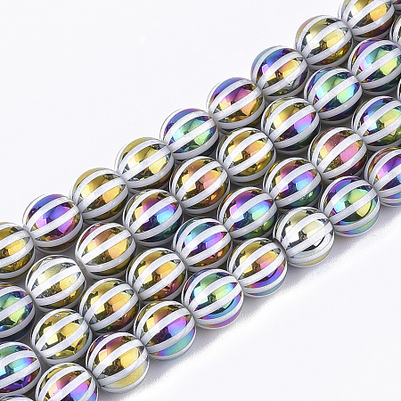 Arricraft Electroplate Glass Beads Strands, Round with Stripe, Colorful, 8x7.5mm, Hole: 1.2mm; about 40pcs/strand, 11.8 inches