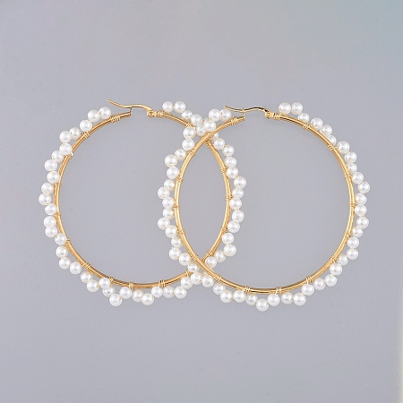 Honeyhandy Beaded Hoop Earrings, with Glass Pearl Beads, Golden Plated 304 Stainless Steel Hoop Earrings Findings and Copper Wire, Ring, White, 74mm, Pin: 0.8mm