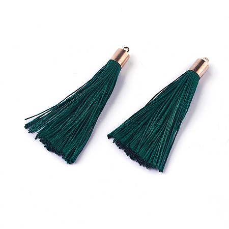 Honeyhandy Polyester Tassel Big Pendant Decorations, with Alloy Finding, Golden, Dark Green, 58~65x7~25mm, Hole: 1.5mm