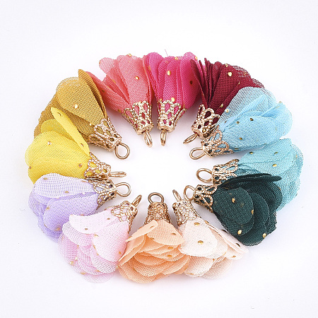Honeyhandy Iron Pendants, with Chiffon, Flower, Golden, Mixed Color, 23~28x20~30mm, Hole: 1~3mm