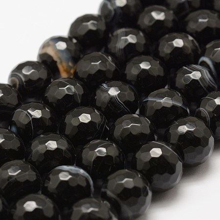 Faceted Natural Striped Agate/Banded Agate Beads Strands, Round, Dyed & Heated, Black, 6mm, Hole: 1mm, about 60pcs/strand, 14.76~14.96 inch(37.5~38cm)