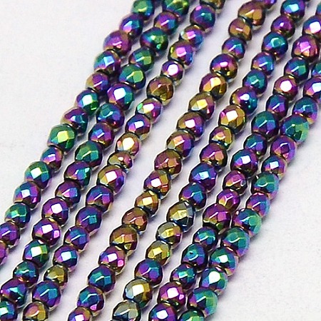 Arricraft Electroplate Non-magnetic Synthetic Hematite Beads Strands, Faceted, Round, Grade A, Multi-color Plated, 3mm, Hole: 1mm; about 127pcs/strand, 16 inches