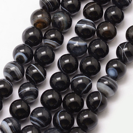Honeyhandy Natural Striped Agate/Banded Agate Bead Strands, Round, Grade A, Dyed & Heated, Black, 8mm, Hole: 1mm, about 47pcs/strand, 15 inch