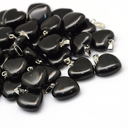 Honeyhandy Heart Natural Black Stone Pendants, with Platinum Plated Brass Findings, 17~19x15~16x5~8mm, Hole: 2x7mm